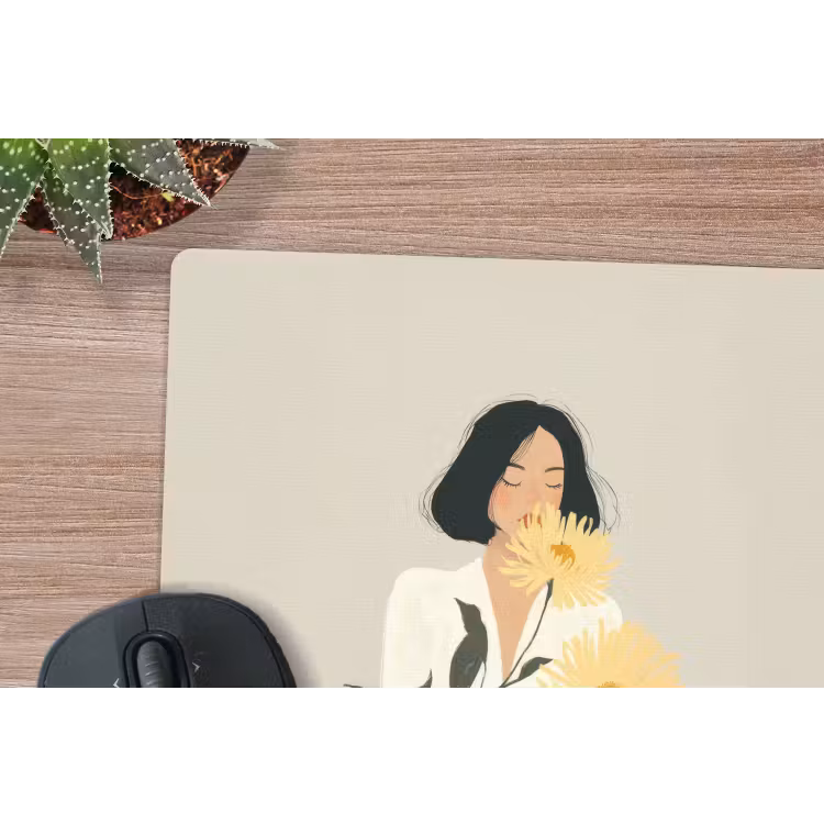 Vrouw - Bloem - Geel - Minimalistisch muismat rubber klein -closeup