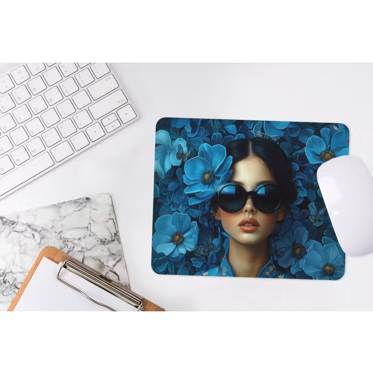 Vrouw - Bloemen - Blauw - Aesthetic - Luxe muismat rubber klein -witbureau