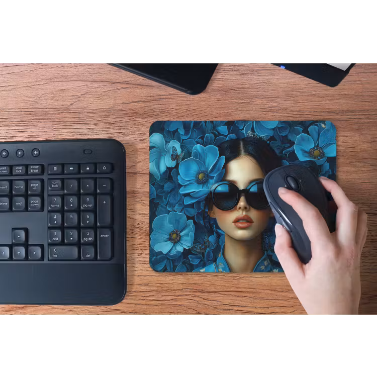 Vrouw - Bloemen - Blauw - Aesthetic - Luxe muismat rubber klein -toetsenbord