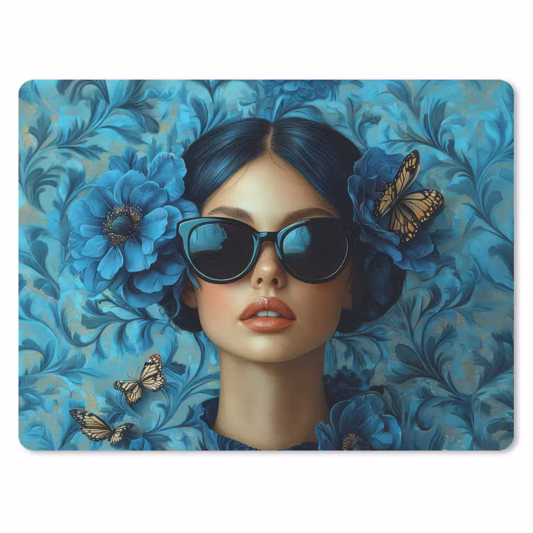 Vrouw - Bloemen - Vlinders - Blauw - Abstract muismat rubber klein -3d