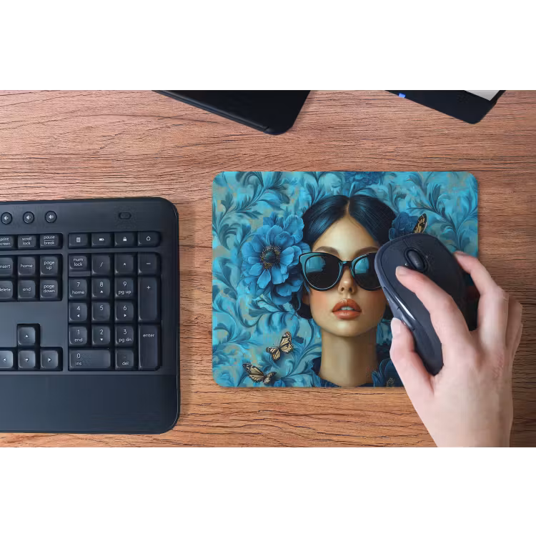 Vrouw - Bloemen - Vlinders - Blauw - Abstract muismat rubber klein -toetsenbord