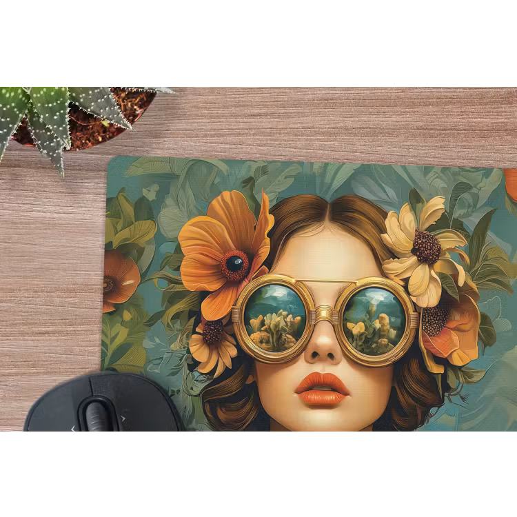 Vrouw - Bloemen - Vlinders - Natuur - Vintage muismat rubber klein -closeup