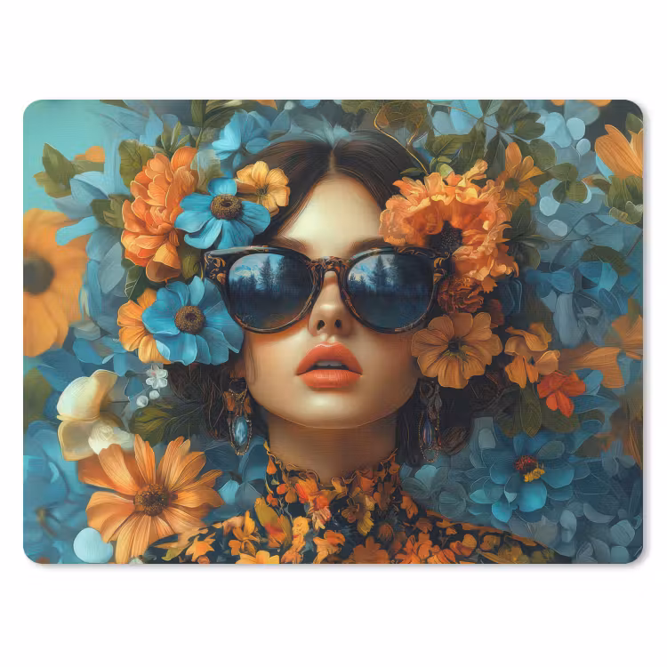 Vrouw - Bloemen - Oranje - Blauw - Modern muismat rubber klein -3d