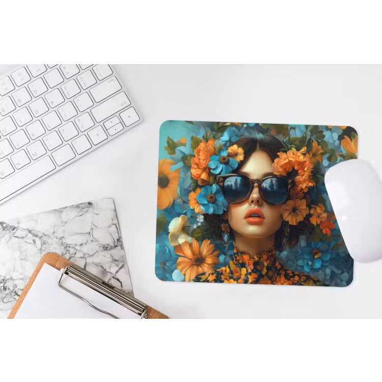Vrouw - Bloemen - Oranje - Blauw - Modern muismat rubber klein -witbureau