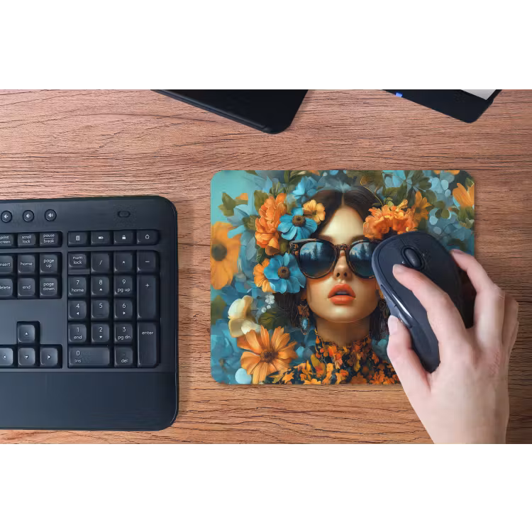 Vrouw - Bloemen - Oranje - Blauw - Modern muismat rubber klein -toetsenbord