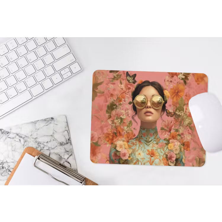 Vrouw - Bril - Roze - Bloemen muismat rubber klein -witbureau