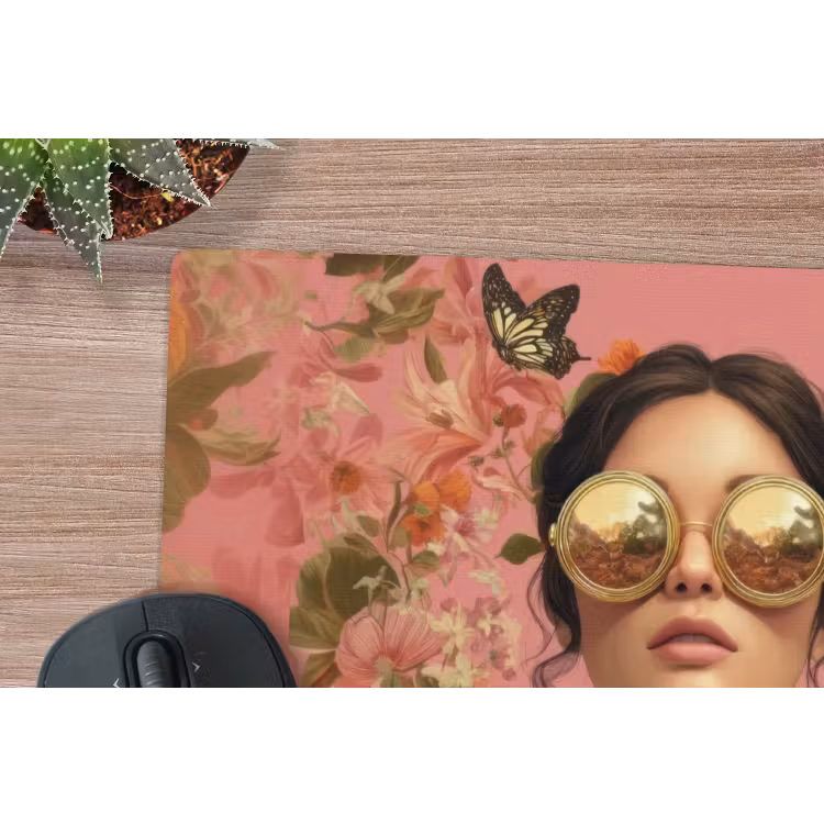 Vrouw - Bril - Roze - Bloemen muismat rubber klein -closeup