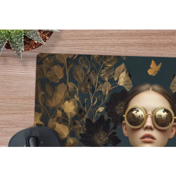 Vrouw - Bladeren - Goud - Vlinders muismat rubber klein -closeup
