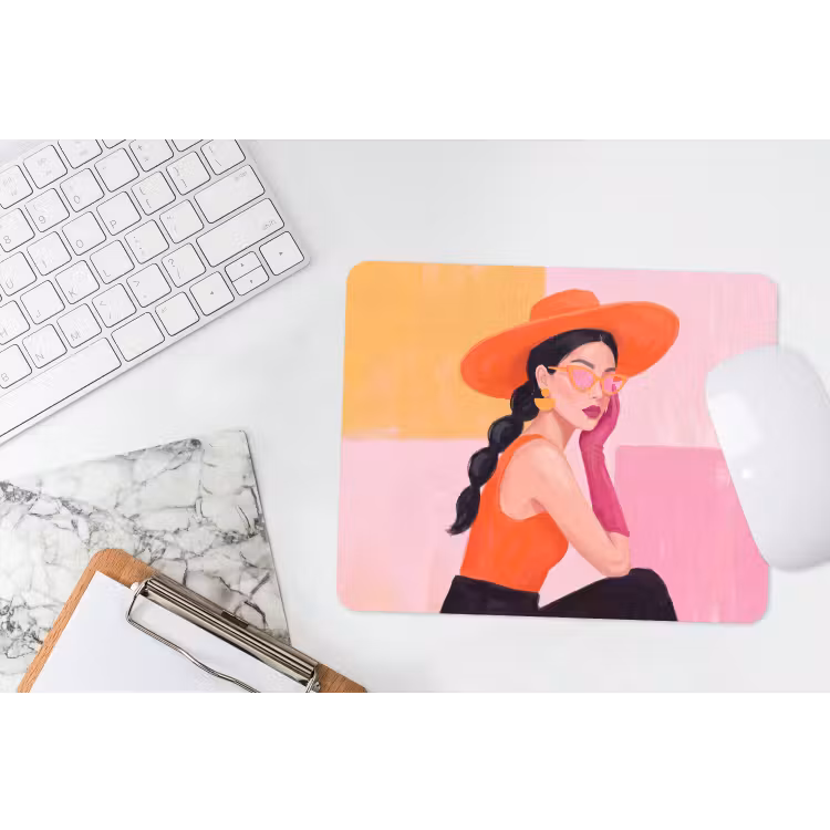 Vrouw - Hoed - Mode - Modern - Oranje muismat rubber klein -witbureau