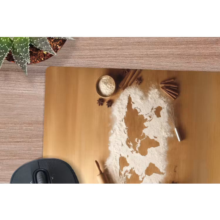 Hout - Wereldkaart - Bakken - Keuken muismat rubber klein -closeup