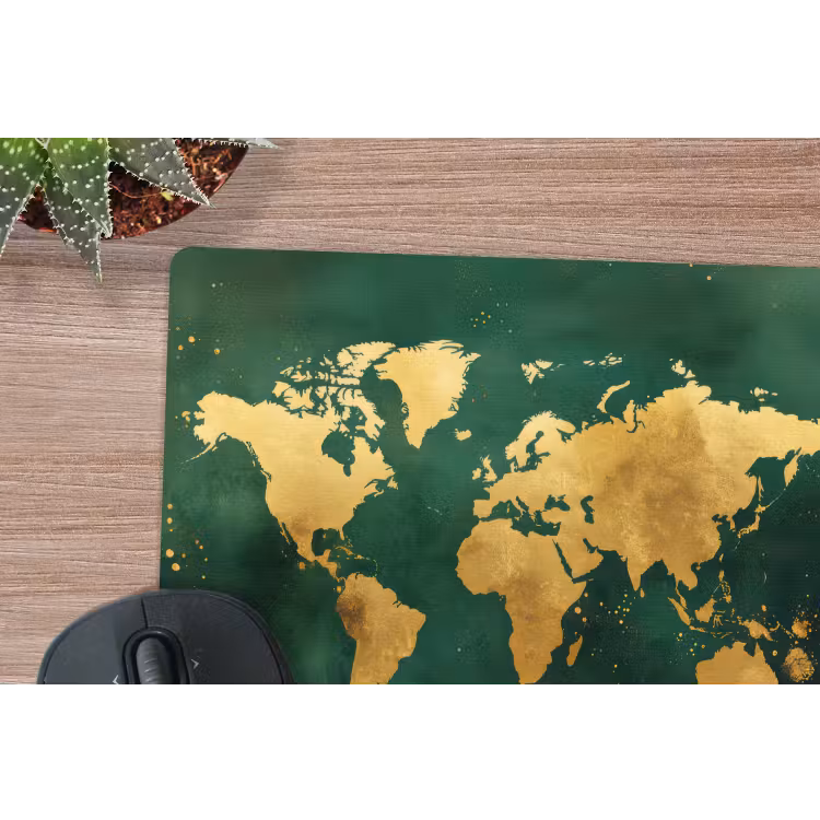 Wereldkaart - Groen - Goud muismat rubber klein -closeup