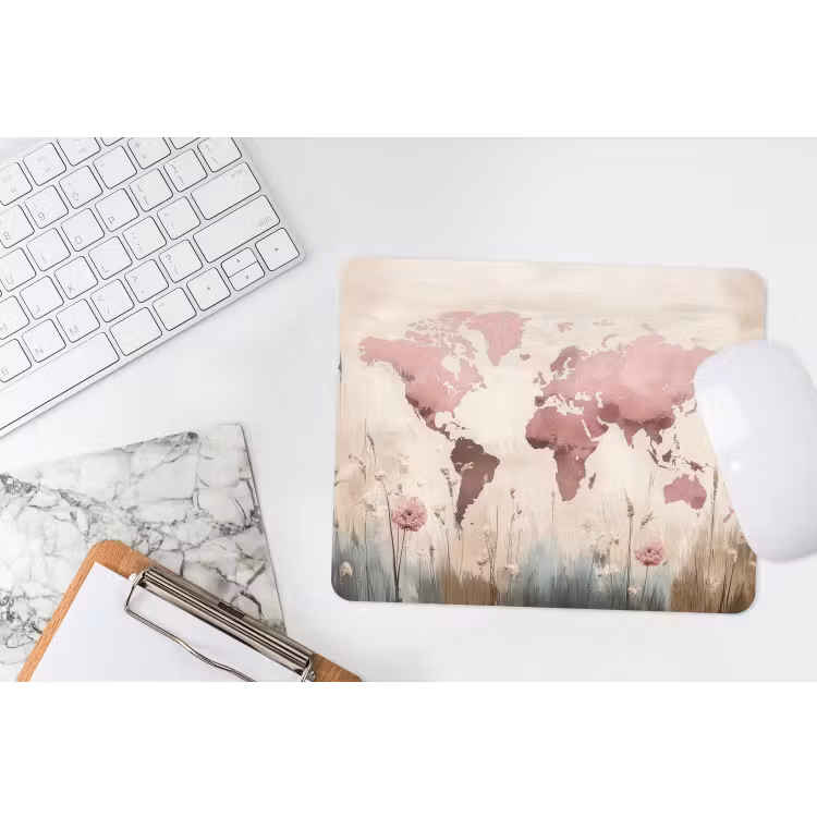 Wereldkaart - Roze - Bloemen muismat rubber klein -witbureau