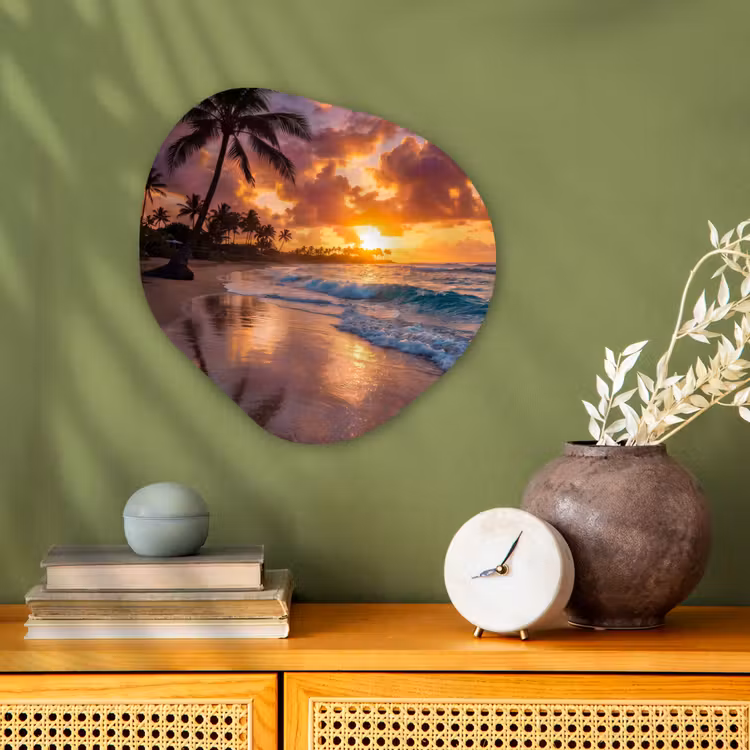 Strand - Zonsopgang - Tropisch - Natuur - Oranje Wandcirkel Organisch Forex 3mm klein -sfeer2