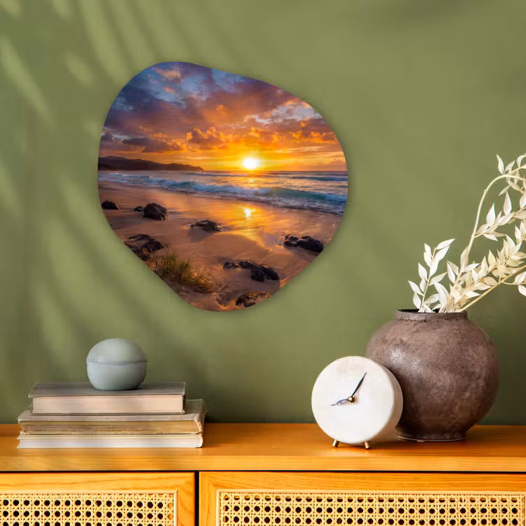 Strand - Zonsondergang - Golven - Natuur - Oranje Wandcirkel Organisch Forex 3mm klein -sfeer2