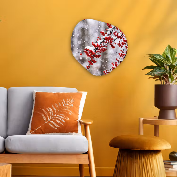 Bessen - Takken - Sneeuw - Winter - Kleurrijk Wandcirkel Organisch Forex 3mm klein -sfeer4
