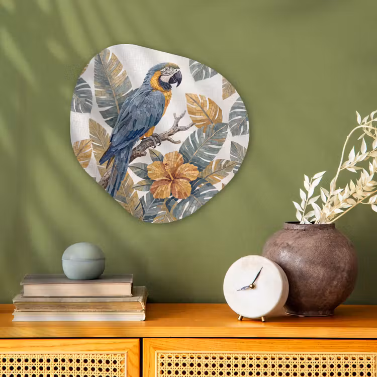 Vogel - Tak - Natuur - Mozaïek - Blauw Wandcirkel Organisch Forex 3mm klein -sfeer2
