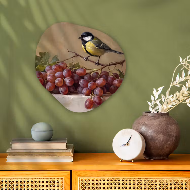 Organic - Forex - Bird - Grapes - Still Life - Vogel - Druiven - Stilleven Wandcirkel Organisch Forex 3mm klein