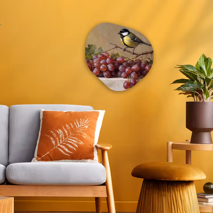 Organic - Forex - Bird - Grapes - Still Life - Vogel - Druiven - Stilleven Wandcirkel Organisch Forex 3mm klein