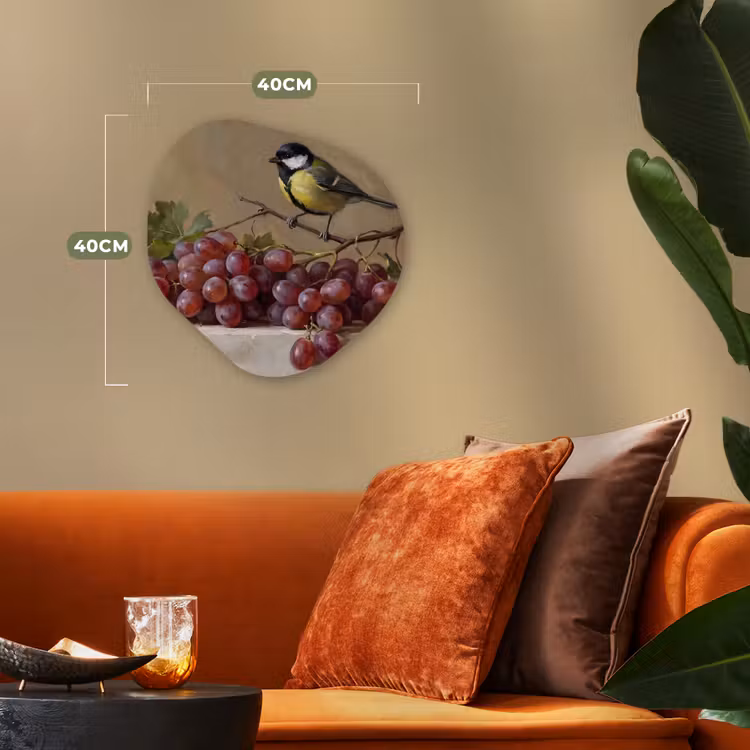 Organic - Forex - Bird - Grapes - Still Life - Vogel - Druiven - Stilleven Wandcirkel Organisch Forex 3mm klein