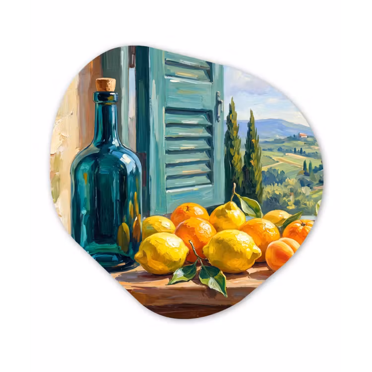 Organic - Forex - Bottle - Fruit - Still Life - Fles - Fruit - Stilleven Wandcirkel Organisch Forex 3mm klein