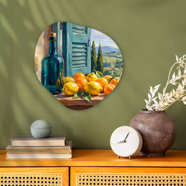 Organic - Forex - Bottle - Fruit - Still Life - Fles - Fruit - Stilleven Wandcirkel Organisch Forex 3mm klein