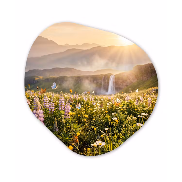 Vlinders - Waterval - Bloemenveld Wandcirkel Organisch Forex 3mm klein -3d