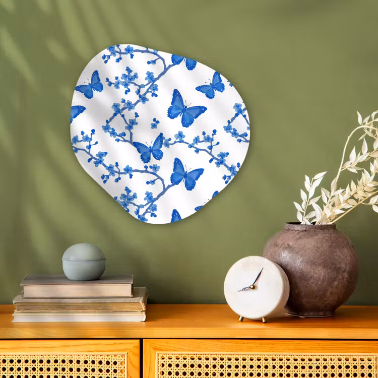 Vlinder - Bloemen - Blauw Wandcirkel Organisch Forex 3mm klein 629 -sfeer2