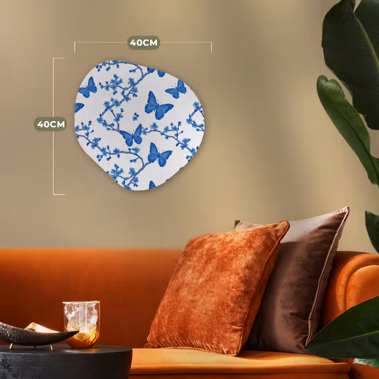Vlinder - Bloemen - Blauw Wandcirkel Organisch Forex 3mm klein 629 -sfeer3