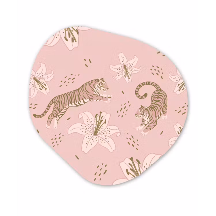 Kat - Springend - Bloemen - Abstract - Roze Wandcirkel Organisch Forex 3mm klein -3d