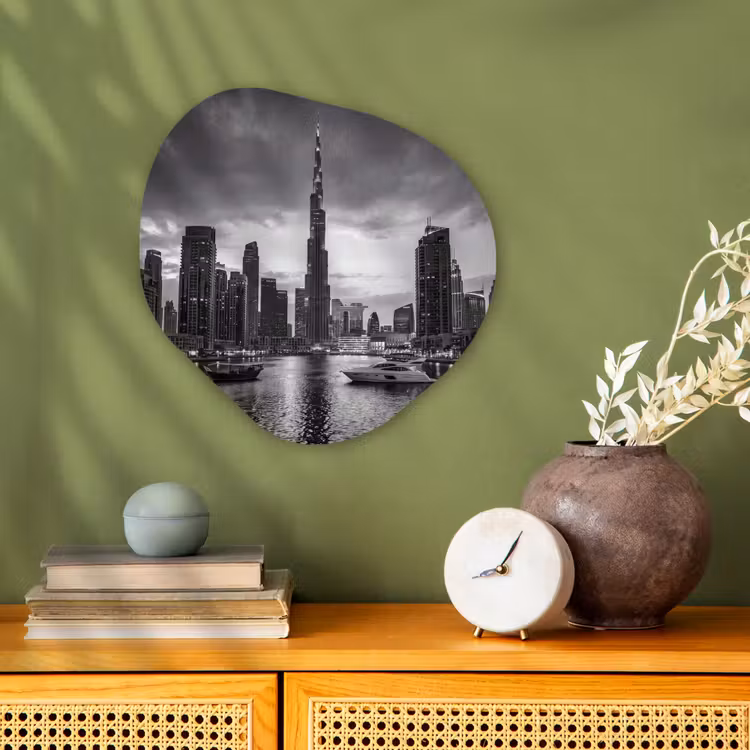 Stad - Skyline - Architectuur - Avond - Zwart-wit Wandcirkel Organisch Forex 3mm klein -sfeer2