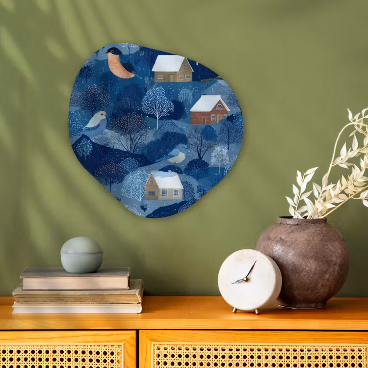 Huisjes - Vogels - Sneeuw - Winter - Blauw Wandcirkel Organisch Forex 3mm klein 629 -sfeer2