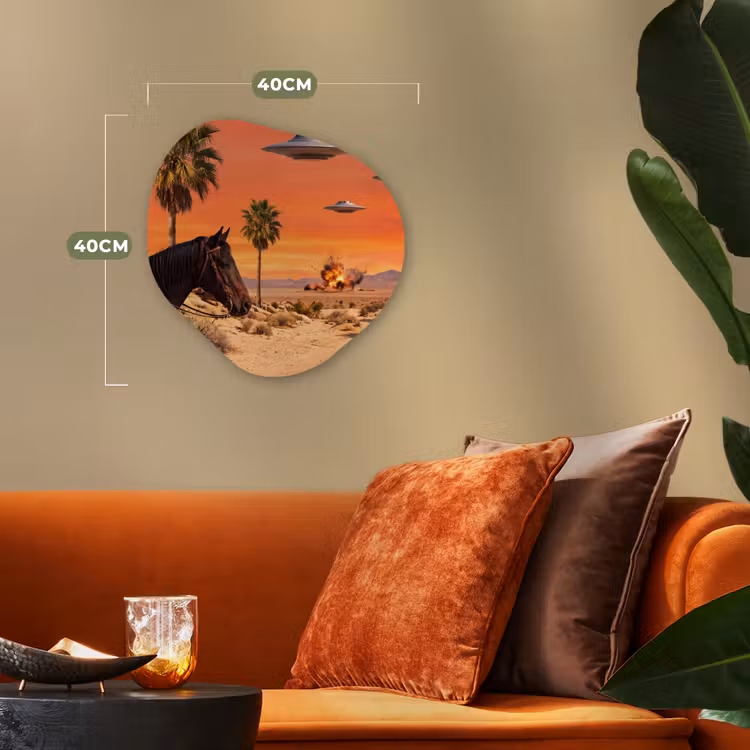 Organic - Forex - Cowboy - Horse - Desert - Cowboy - Paard - Woestijn Wandcirkel Organisch Forex 3mm klein