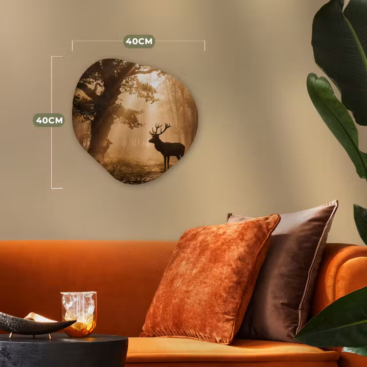 Hert - Bos - Mistig - Natuur - Goud Wandcirkel Organisch Forex 3mm klein -sfeer3