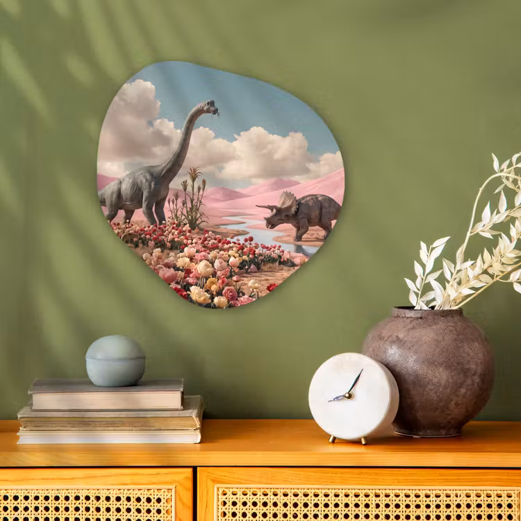 Organic - Forex - Dinosaur - Pink - Landscape - Dinosaurus - Roze - Landschap Wandcirkel Organisch Forex 3mm klein