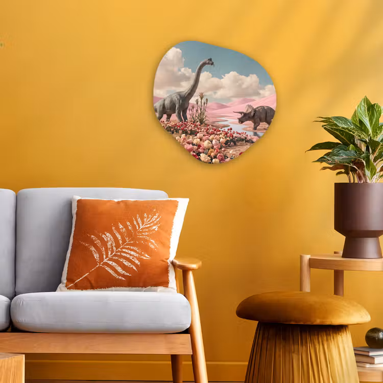 Organic - Forex - Dinosaur - Pink - Landscape - Dinosaurus - Roze - Landschap Wandcirkel Organisch Forex 3mm klein