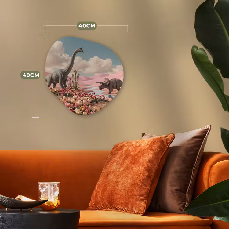 Organic - Forex - Dinosaur - Pink - Landscape - Dinosaurus - Roze - Landschap Wandcirkel Organisch Forex 3mm klein