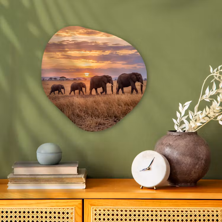Olifanten - Savanne - Zonsondergang - Afrika - Warm Wandcirkel Organisch Forex 3mm klein -sfeer2