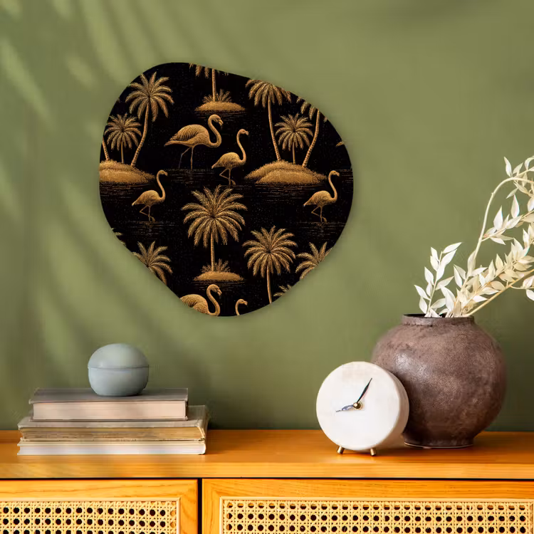 Flamingo - Palmbomen - Tropisch - Goud - Zwart Wandcirkel Organisch Forex 3mm klein 629 -sfeer2