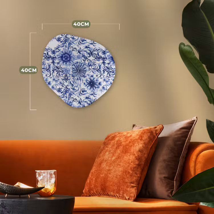 Bloemen - Blauw - Patroon - Wit Wandcirkel Organisch Forex 3mm klein 629 -sfeer3