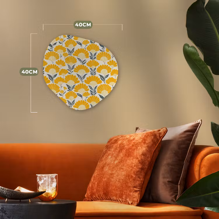 Bloemen - Retro - Botanisch - Okergeel - Grijs Wandcirkel Organisch Forex 3mm klein 629 -sfeer3