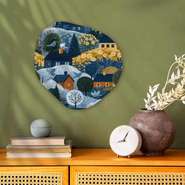 Huisjes - Bloemen - Patroon - Geel - Blauw Wandcirkel Organisch Forex 3mm klein 629 -sfeer2