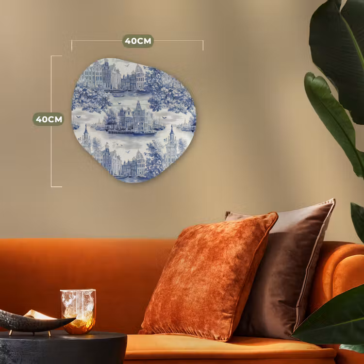 Huizen - Bomen - Water - Vogels - Blauw Wandcirkel Organisch Forex 3mm klein 629 -sfeer3