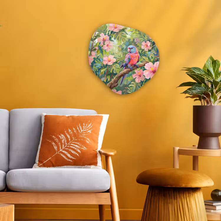 Papagaai - Hibiscusbloemen - Kleurrijk Wandcirkel Organisch Forex 3mm klein -sfeer4