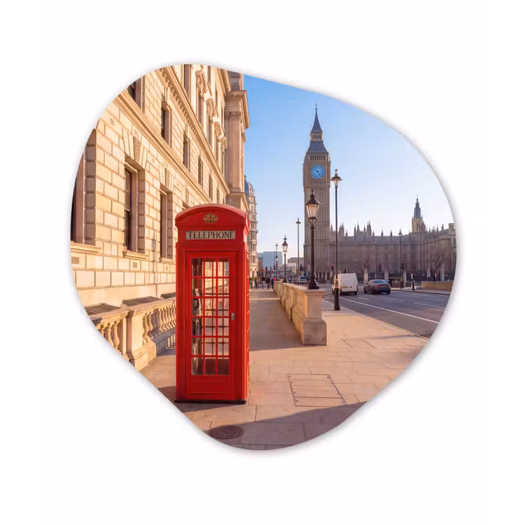 Telefooncel - Rood - Londen - Stad - Architectuur Wandcirkel Organisch Forex 3mm klein -3d