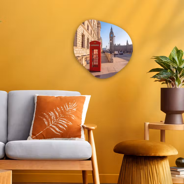 Telefooncel - Rood - Londen - Stad - Architectuur Wandcirkel Organisch Forex 3mm klein -sfeer4