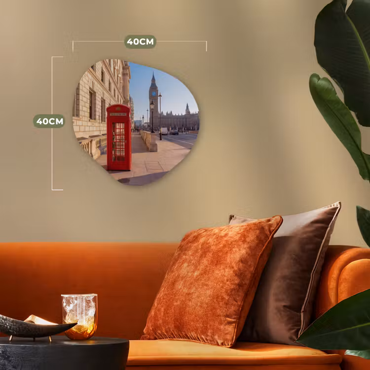 Telefooncel - Rood - Londen - Stad - Architectuur Wandcirkel Organisch Forex 3mm klein -sfeer3