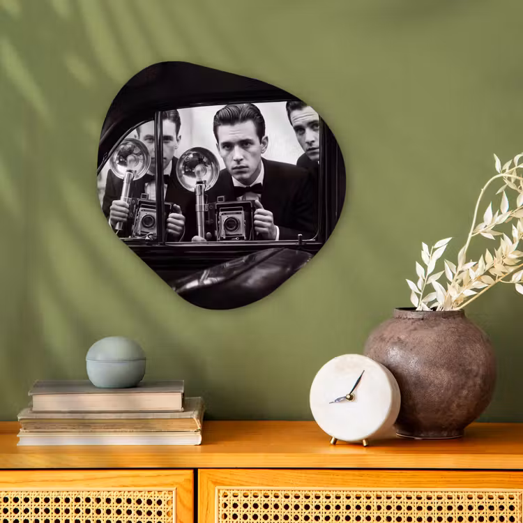 Fotograaf - Camera - Vintage - Journalistiek - Zwart-wit Wandcirkel Organisch Forex 3mm klein -sfeer2