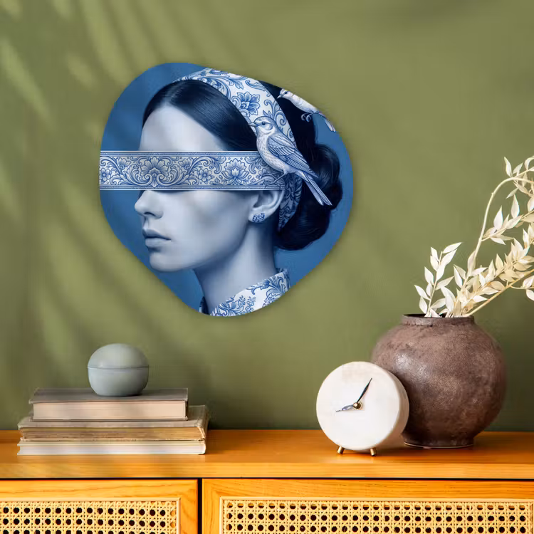 Portret - Klassiek - Wit - Blauw Wandcirkel Organisch Forex 3mm klein -sfeer2