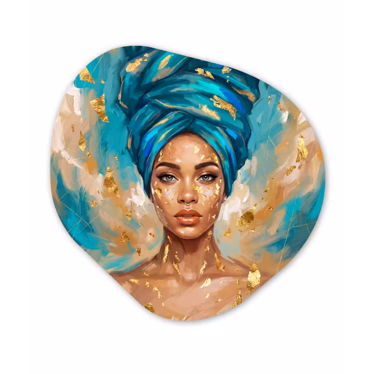 Portret - Vrouw - Schilderij - Blauw - Goud - Expressief Wandcirkel Organisch Forex 3mm klein -3d