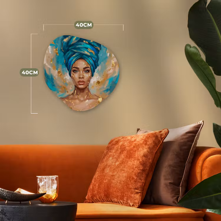 Portret - Vrouw - Schilderij - Blauw - Goud - Expressief Wandcirkel Organisch Forex 3mm klein -sfeer3